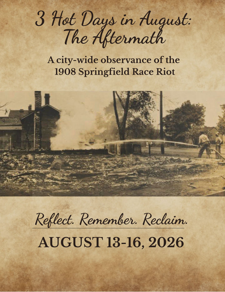 Sepia photograph depicting the aftermath of the 1908 Race Riot. Two men are shown extinguishing a house on fire.